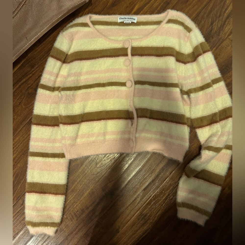 Charlie Holiday Fuzzy Pink and Cream Cardigan